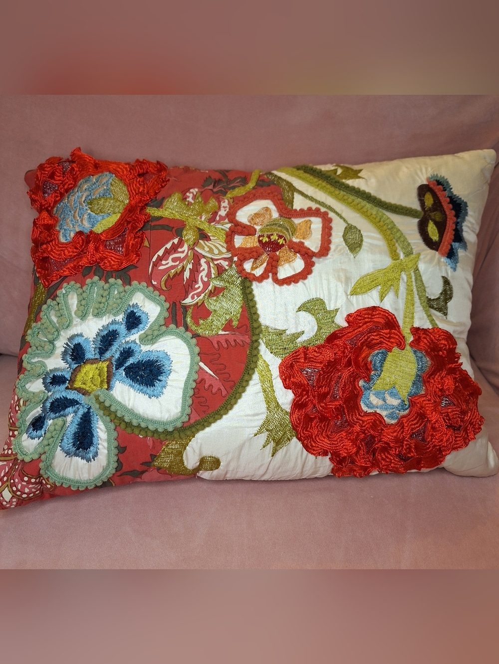Pier 1 Imports Boho Floral Embroidered Throw Pillow Textured Applique Multicolor